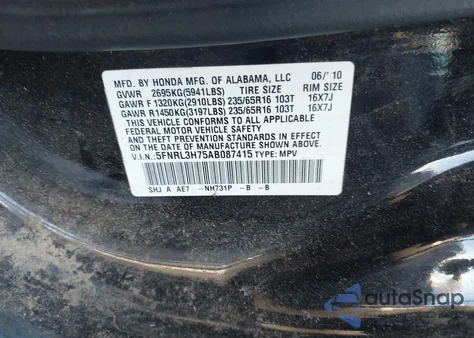 2010 Honda Odyssey Ex-L from USA, damaged, VIN 5FNRL3H75AB087415